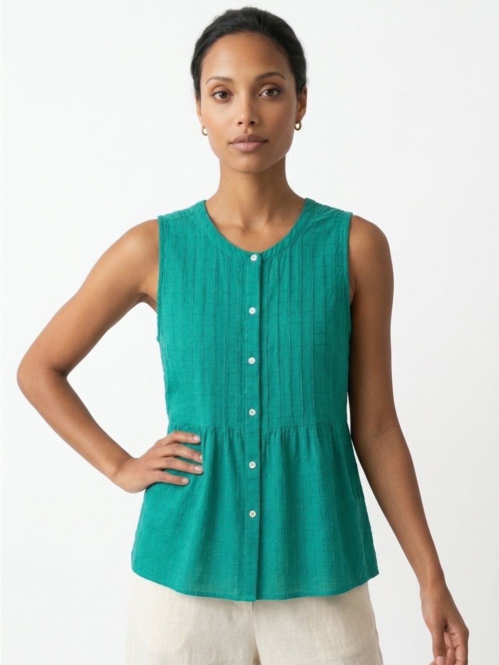 LOFT Sleeveless Button-Front Pin Tucked Top